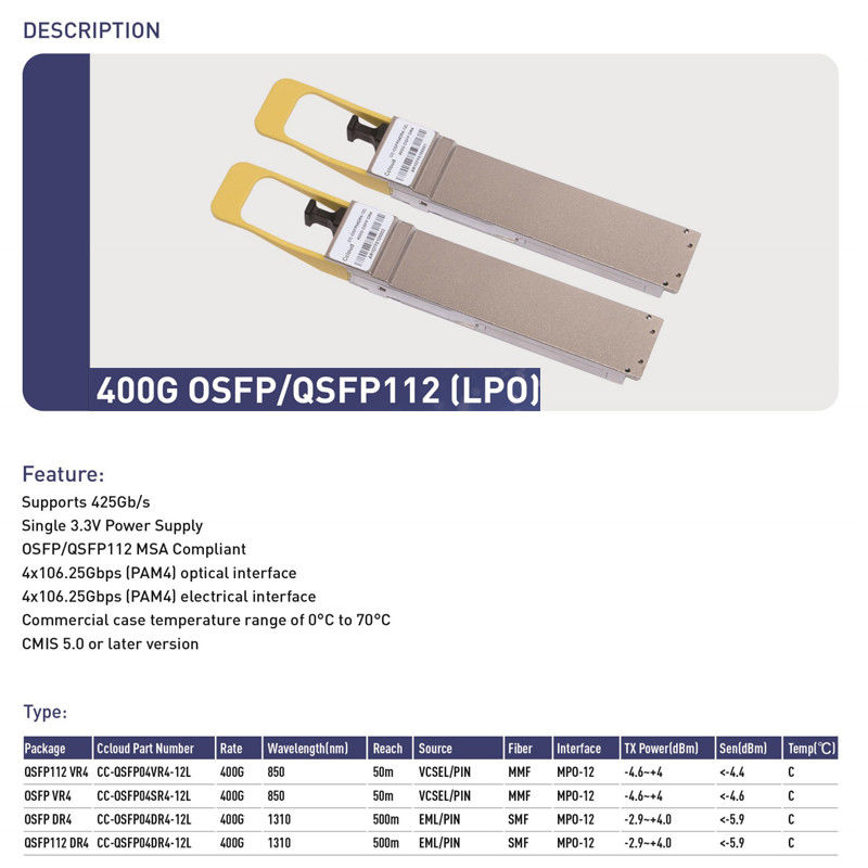 400G QSFP112 SR4 हॉट-प्लग मल्टीमोड फाइबर ऑप्टिक ट्रांससीवर 100 मीटर डेटा सेंटर और ऑप्टिकल इंटरकनेक्ट के लिए इंटरकनेक्ट