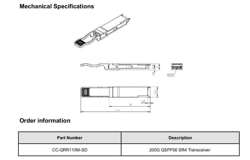 डेटा सेंटर इंटरकनेक्ट सॉल्यूशन 200G QSFP56 SR4 ऑप्टिकल ट्रांससीवर OM4 फाइबर पर 100m ट्रांसमिशन दूरी के साथ
